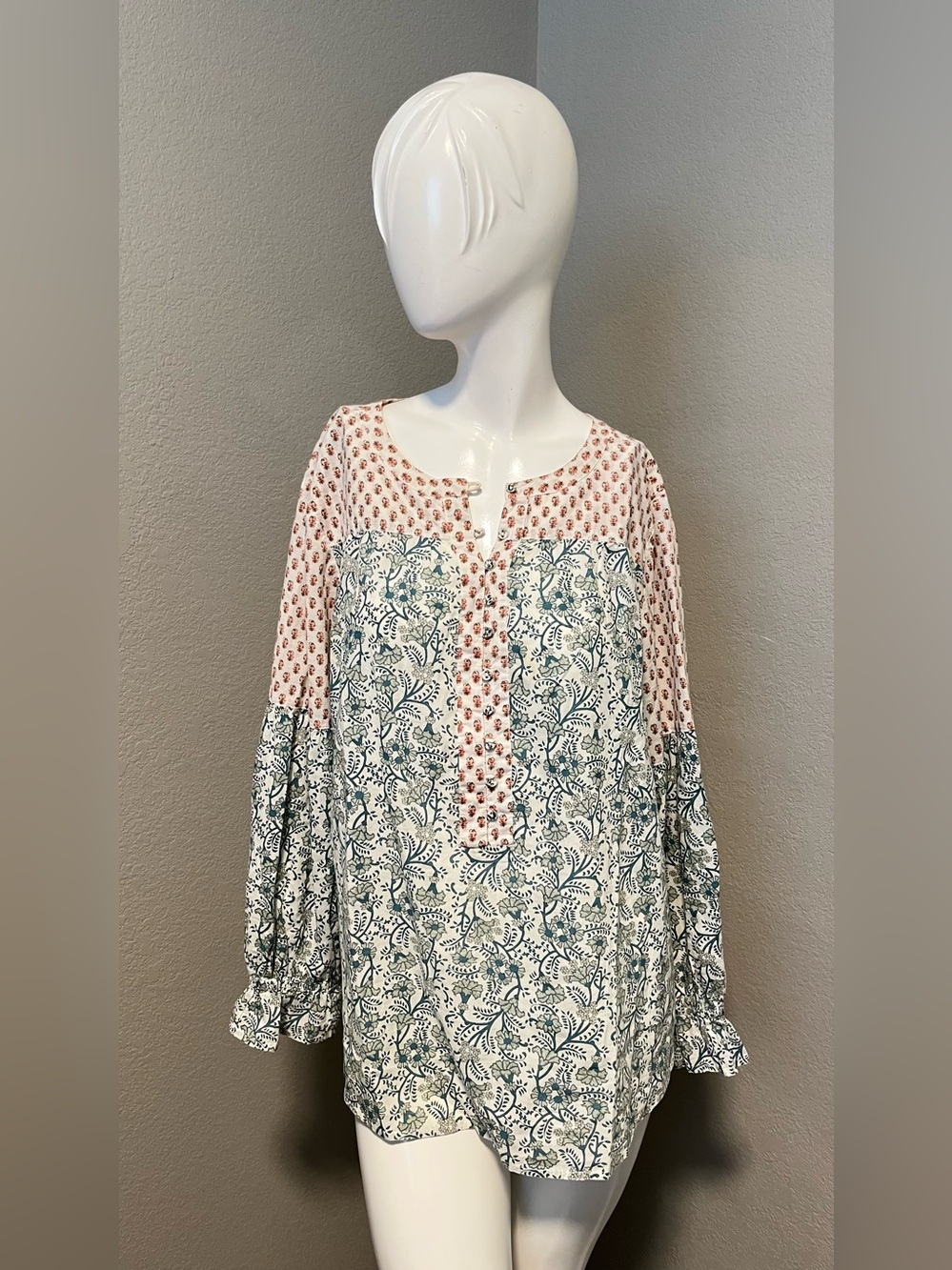 Sundance Women’s Explorer Peasant Floral Green/Orange Half Button Blouse Size XL